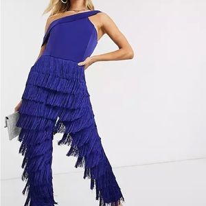 Lavish Alice asymmetric fringe jumpsuit in Navy